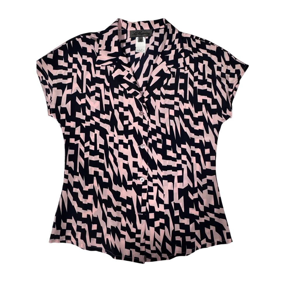 Les Copains Womens Silk Blouse Size 38 Pink Black Geometric Made in Italy
